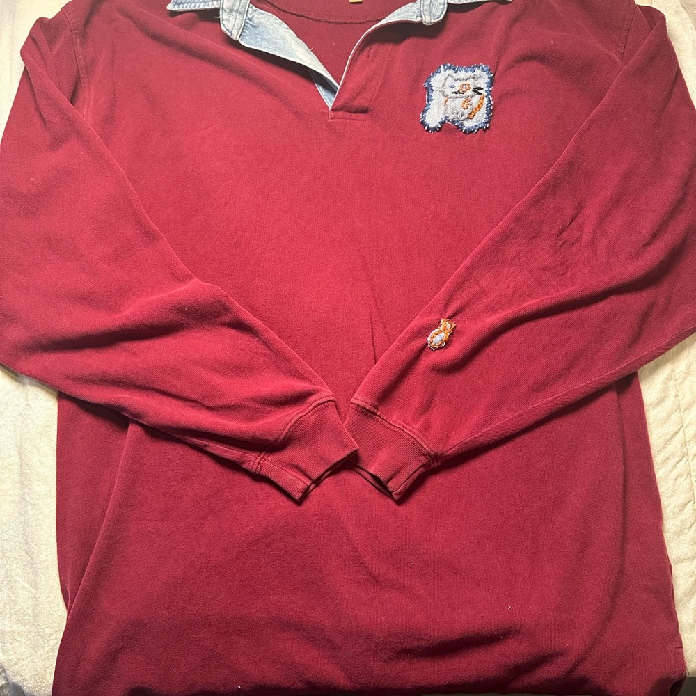 Burgundy Long Sleeve Polo with Cat Embroidery